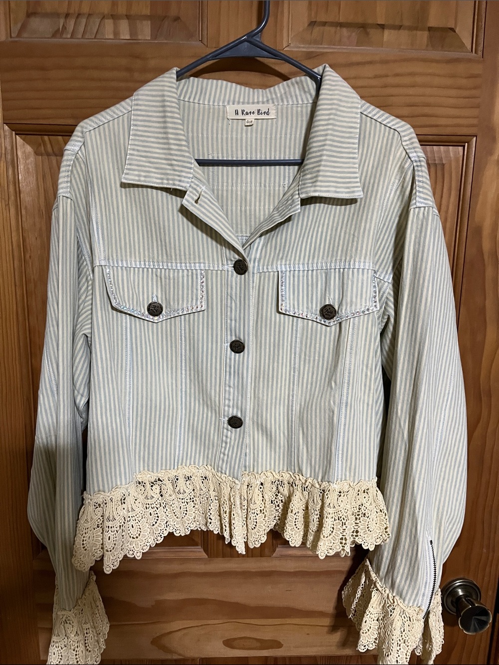 Rare Bird Striped Blue Jean Jacket with Lace Trim - Picture 2 of 7